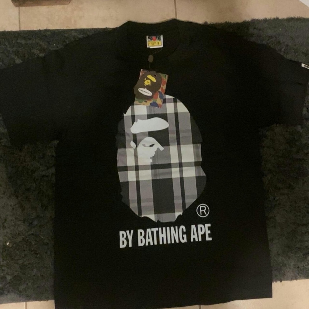 Bape Black and Gray Plaid Ape Head T-Shirt